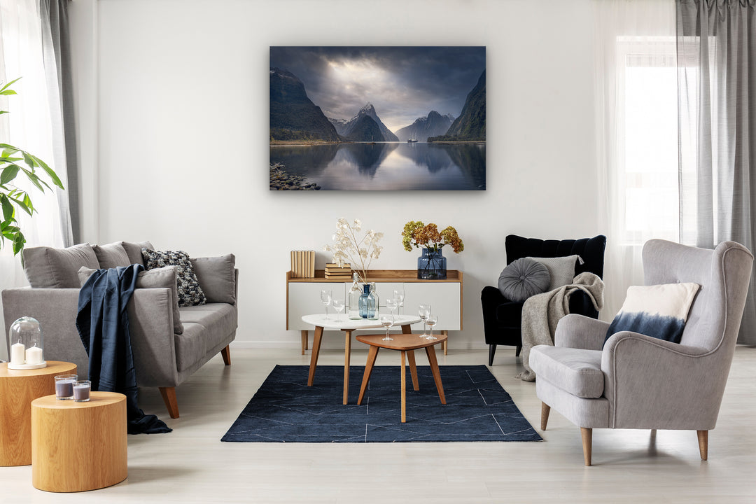 Milford Sound landscape photo canvas displayed on a lounge wall