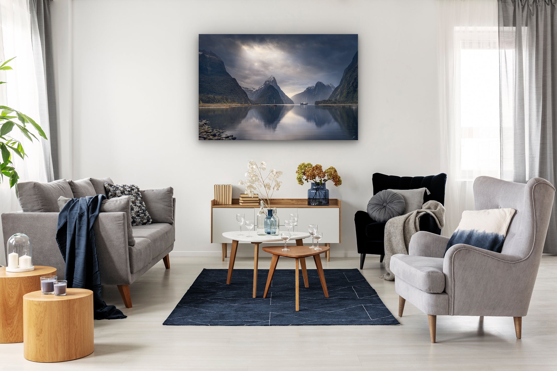 Milford Sound landscape photo canvas displayed on a lounge wall