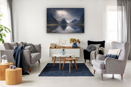 Milford Sound landscape photo canvas displayed on a lounge wall