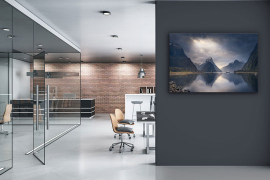 Milford Sound landscape photo canvas displayed on an office wall