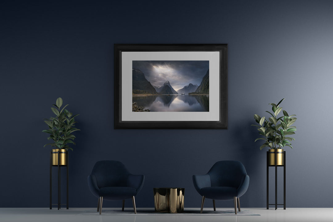 Moody and atmospheric composition of Milford Sound in New Zealand displayed on modern interior wall