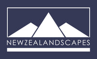 Newzealandscapes logo of white lettering and white mountains on a blue background