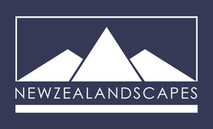 Newzealandscapes logo of white lettering and white mountains on a blue background