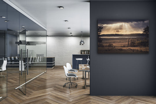 Canvas photo of New Zealand landscape on the wall of an office with desks and chairs