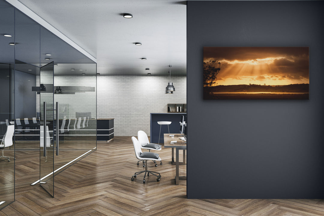 Canvas photo of New Zealand landscape on the wall of an office with desks and chairs