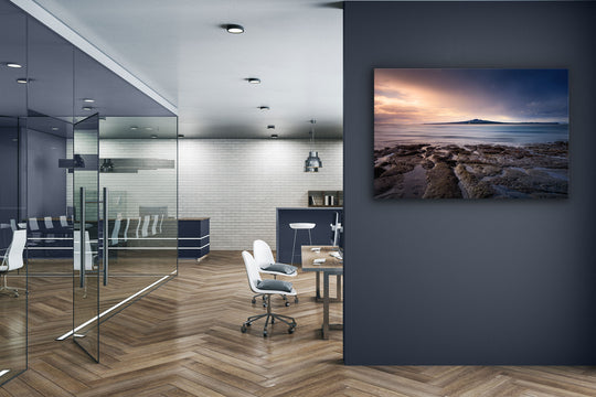Canvas photo of New Zealand landscape on the wall of an office with desks and chairs