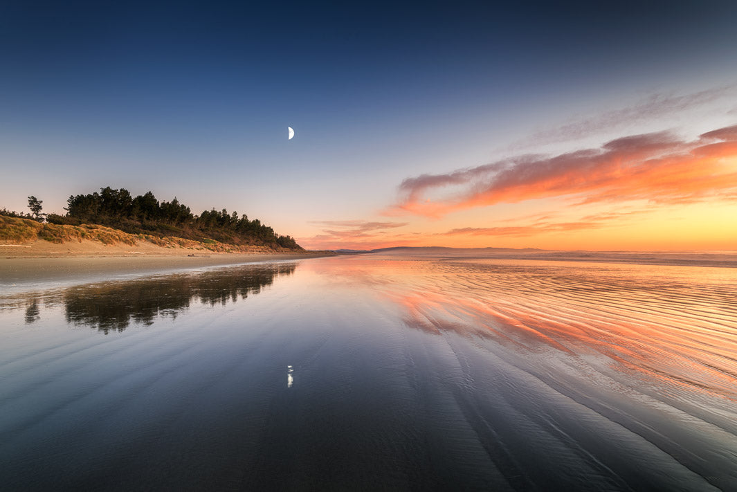 Moon in the morning sky with sunrise lit clouds above the sea, sand and trees.