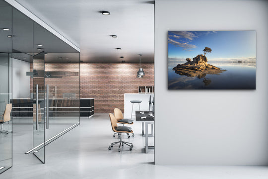 Canvas photo of New Zealand landscape on the wall of an office with desks and chairs