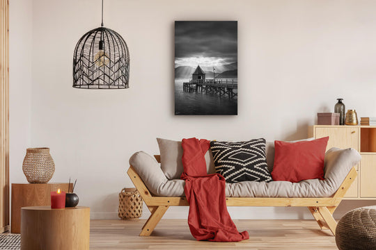 Wall art of Akaroa, Banks Peninsula, on lounge wall above couch