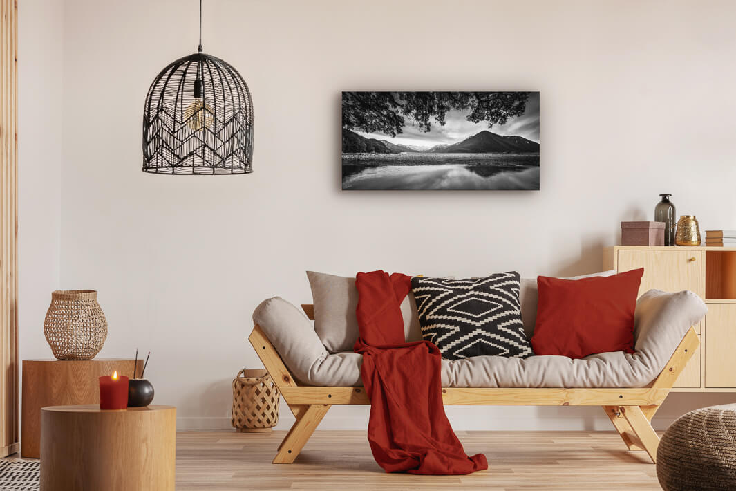 Black and white photo on lounge wall of Arthurs Pass, New Zealand