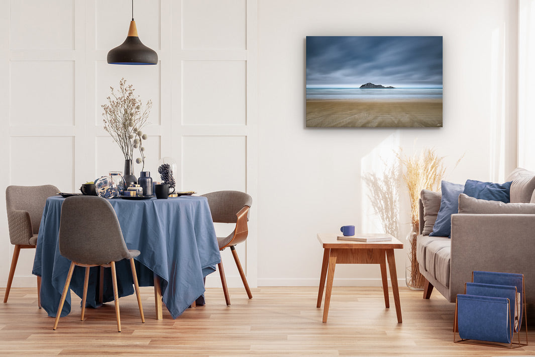 New Zealand landscape photo print wall art of Bare Island, Waimarama Beach in Hawkes Bay, on a dining room wall