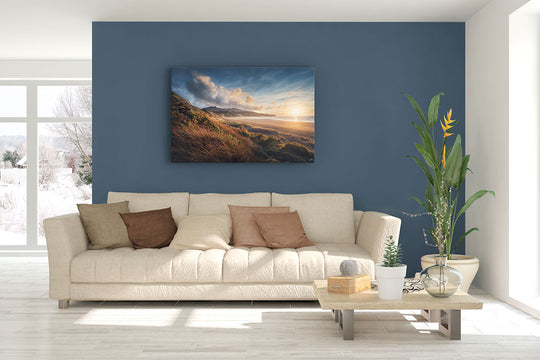 Wall art photo print of Raglan Beach on a blue lounge wall