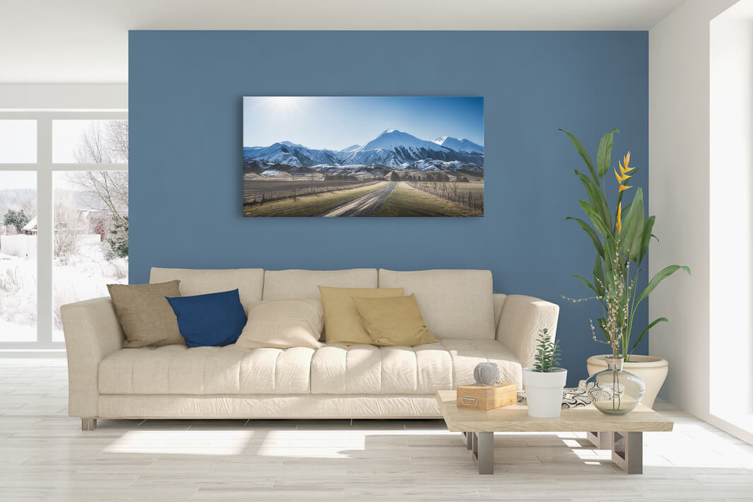 New Zealand landscape canvas photo wall art in lounge setting with a blue wall, white couch, coffee table, plant, cushions