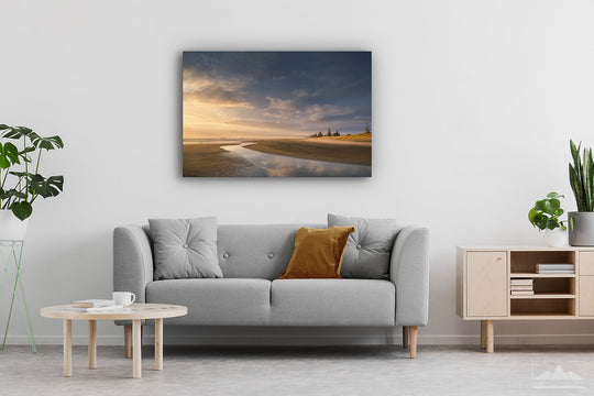 Landscape canvas wall print of Waihi Beach mounted on a modern contemporary lounge wall