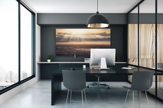Canvas photo of New Zealand landscape on the wall of an office with desks and chairs