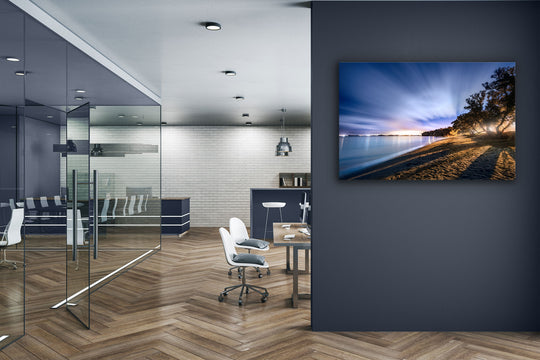 Canvas photo of New Zealand landscape on the wall of an office with desks and chairs