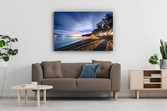 Canvas photo wall art in neutral lounge setting with a brown couch, cushion, coffee table and plants