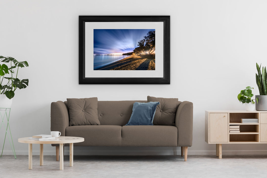 Framed photo wall art in neutral lounge setting with a brown couch, cushion, coffee table and plants