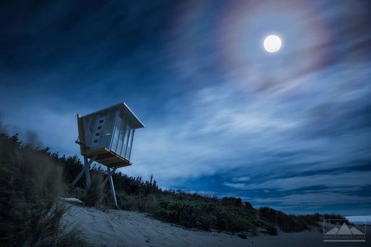 Woodend Beach photograph at night, lit by the moon. Canvas and photo print.