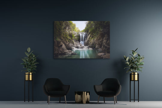 Piroa Falls framed artwork on a dark wall above two black chairs and gold pot plants, bringing a striking contrast and natural tranquility to a contemporary space.