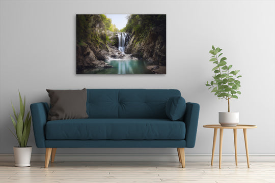Piroa Falls wall art on a white wall above a dark couch, highlighting the waterfall and lush green forest in a modern living room setting.