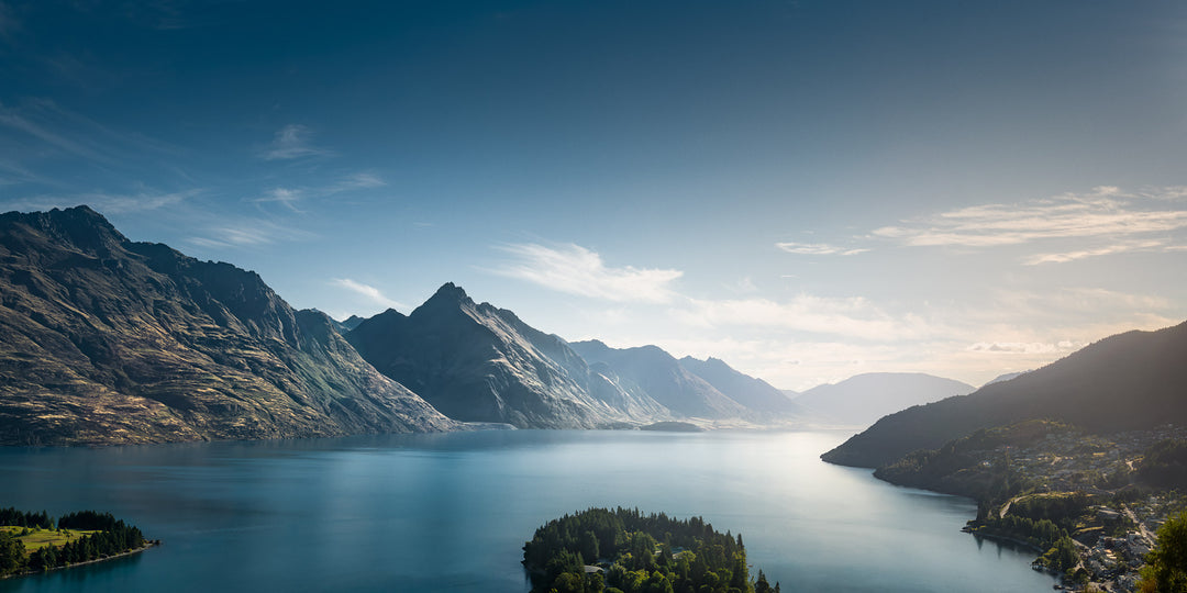 Panoramic landscape overlooking Queenstown and Lake Wakatipu, New Zealand
