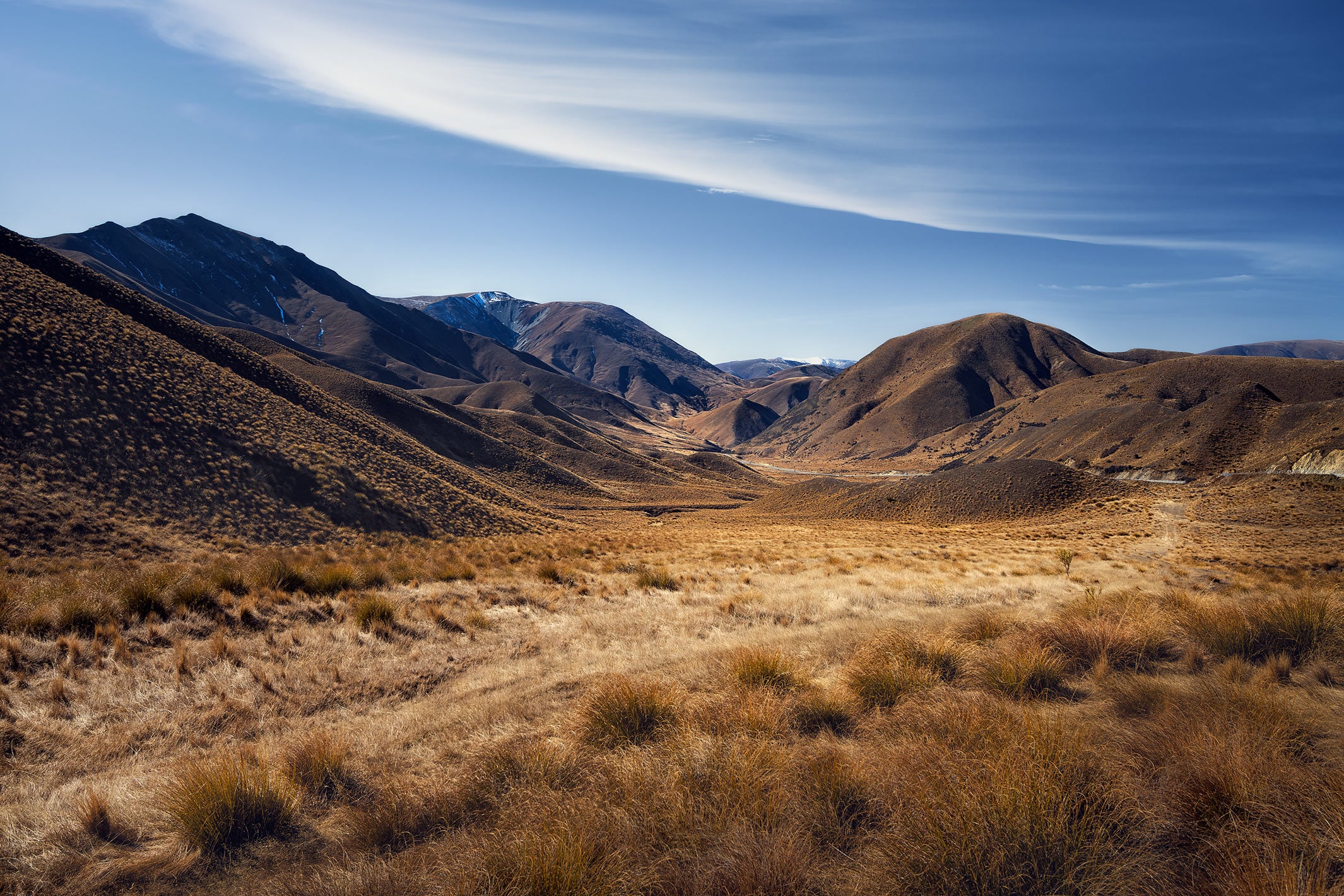 Landscape photo of mountain pass with blue skies above, and golden tussock in the foreground.