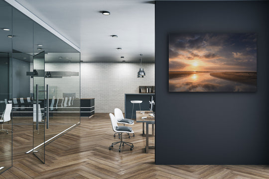 Canvas photo of New Zealand landscape on the wall of an office with desks and chairs