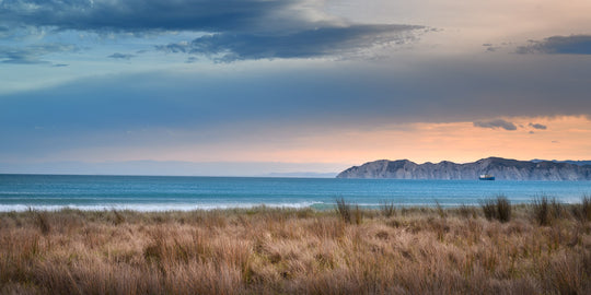 Beach sand dunes and sea looking towards Bare Island in Gisborne at sunset