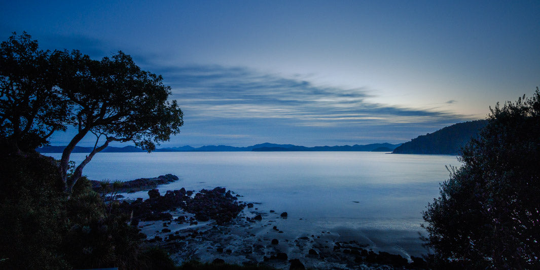 Early morning panoramic photo of the sea, trees and rocks in the foreground and hills on the horizon line.
