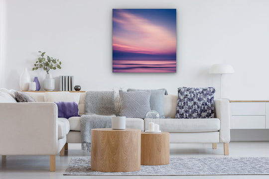 Canvas abstract art on a neutral lounge wall of a Canterbury beach at sunset.