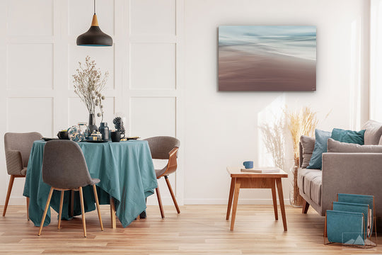 Photo print wall art of tranquil ocean scene on dining room wall