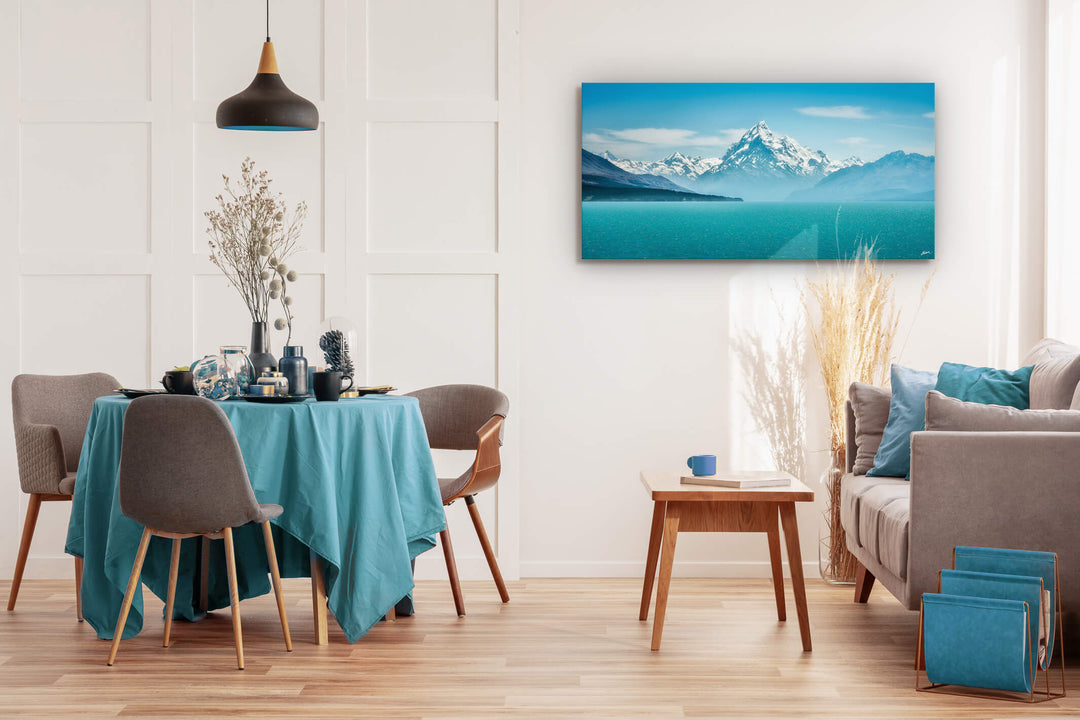 Aoraki Mount Cook canvas print on the wall of a modern dining room.