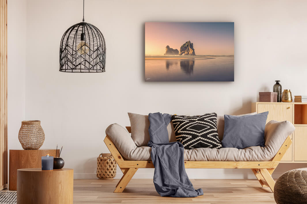 Archway Islands at sunset photo on canvas that has been displayed on a lounge wall.