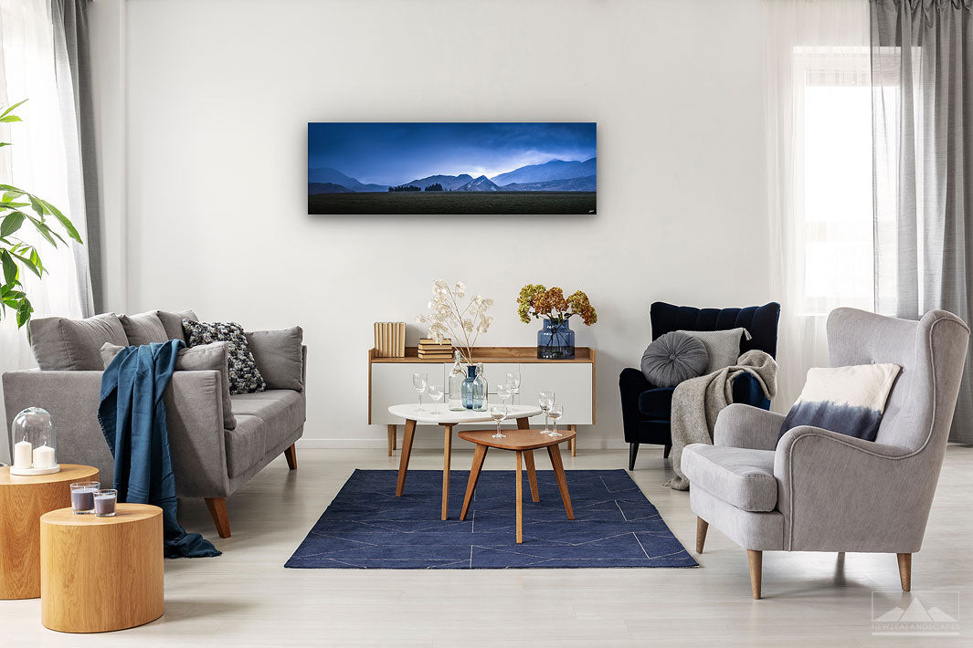Panoramic wall art photo print depicting New Zealand mountains on a modern lounge wall