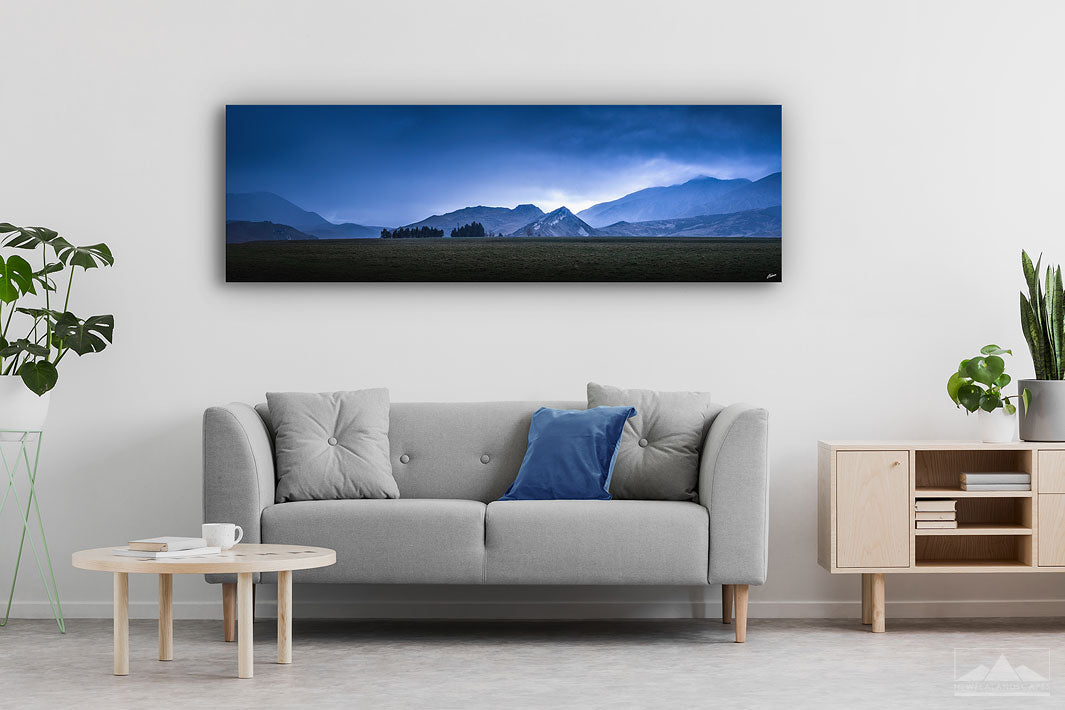 Panoramic wall art depicting New Zealand mountains on a modern home wall