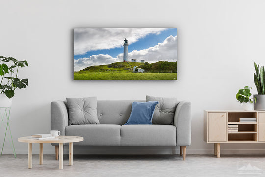 Panoramic photo print wall art of Cape Egmont lighthouse on a modern lounge living room wall