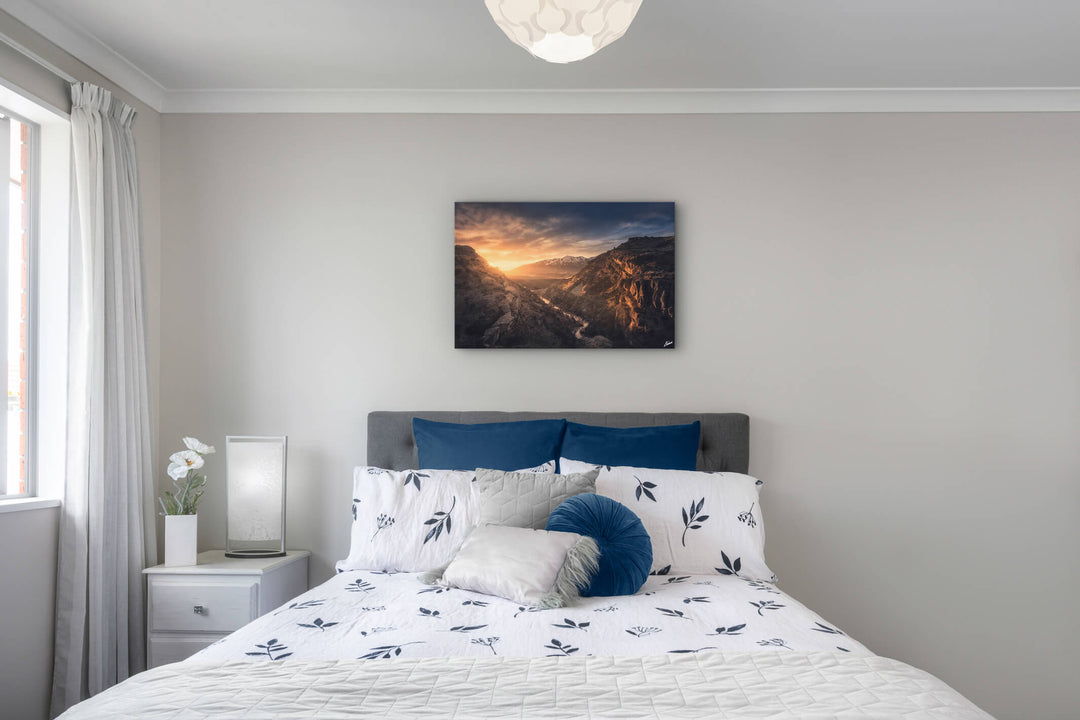 Canvas or photo print on bedroom wall in house