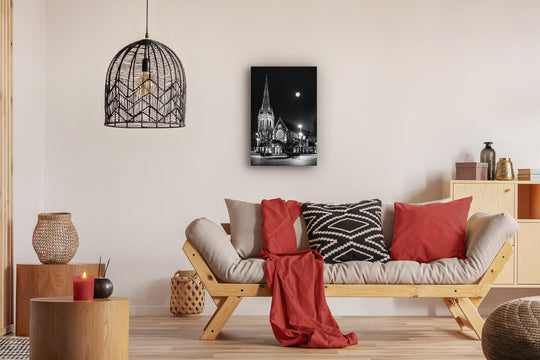 Landscape photo print up on modern lounge wall of Christchurch Cathedral at night