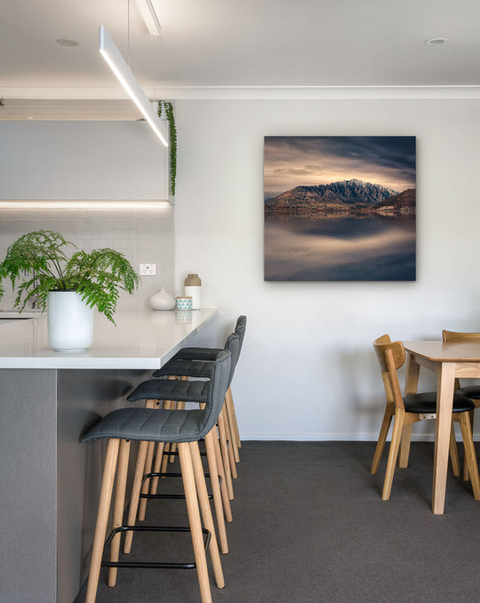Canvas wall art photo print of The Remarkables mountain range near Queenstown on a dining room wall space