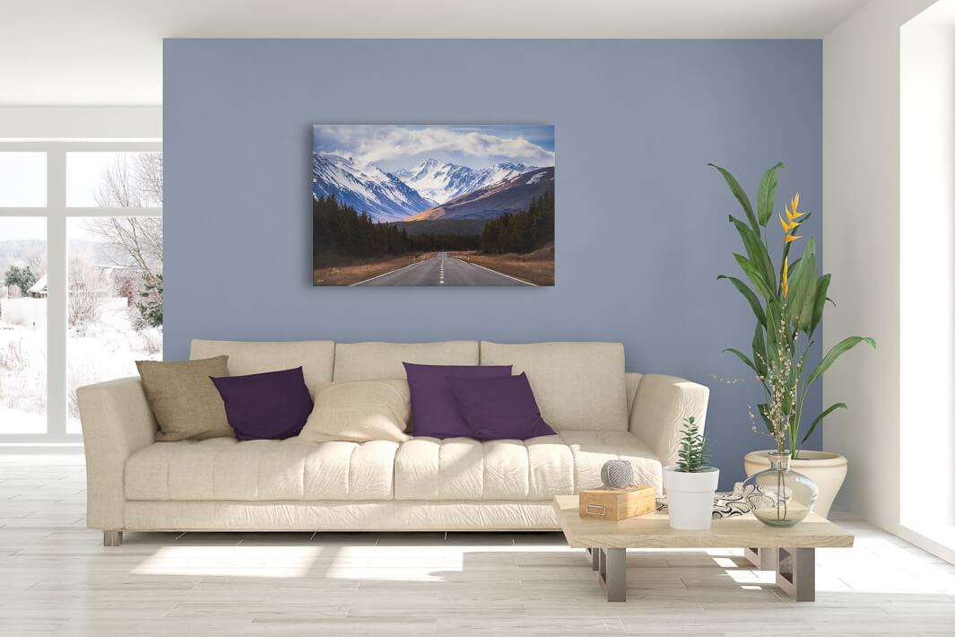 Snowy mountains landscape photo on canvas or photo print for your wall