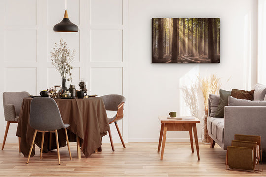 Photographic wall art of sunlit forest trees on a dining room wall