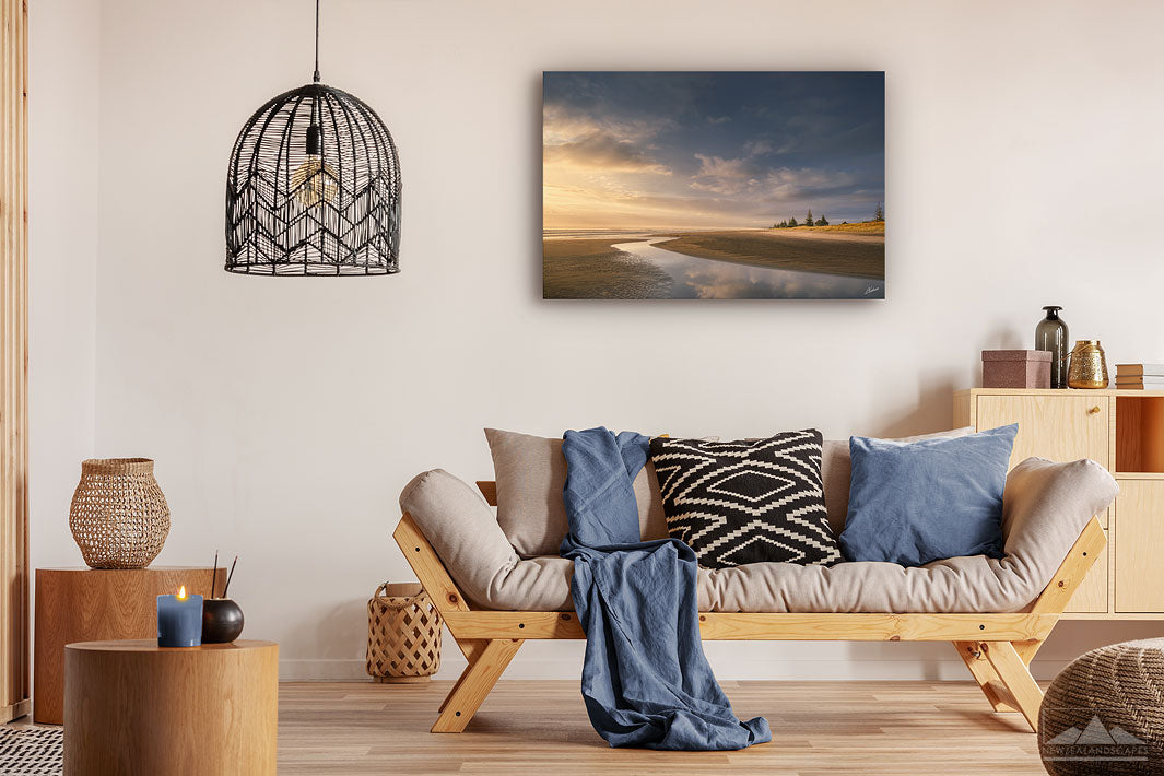 Landscape photo wall print of Waihi Beach mounted on a modern  lounge wall