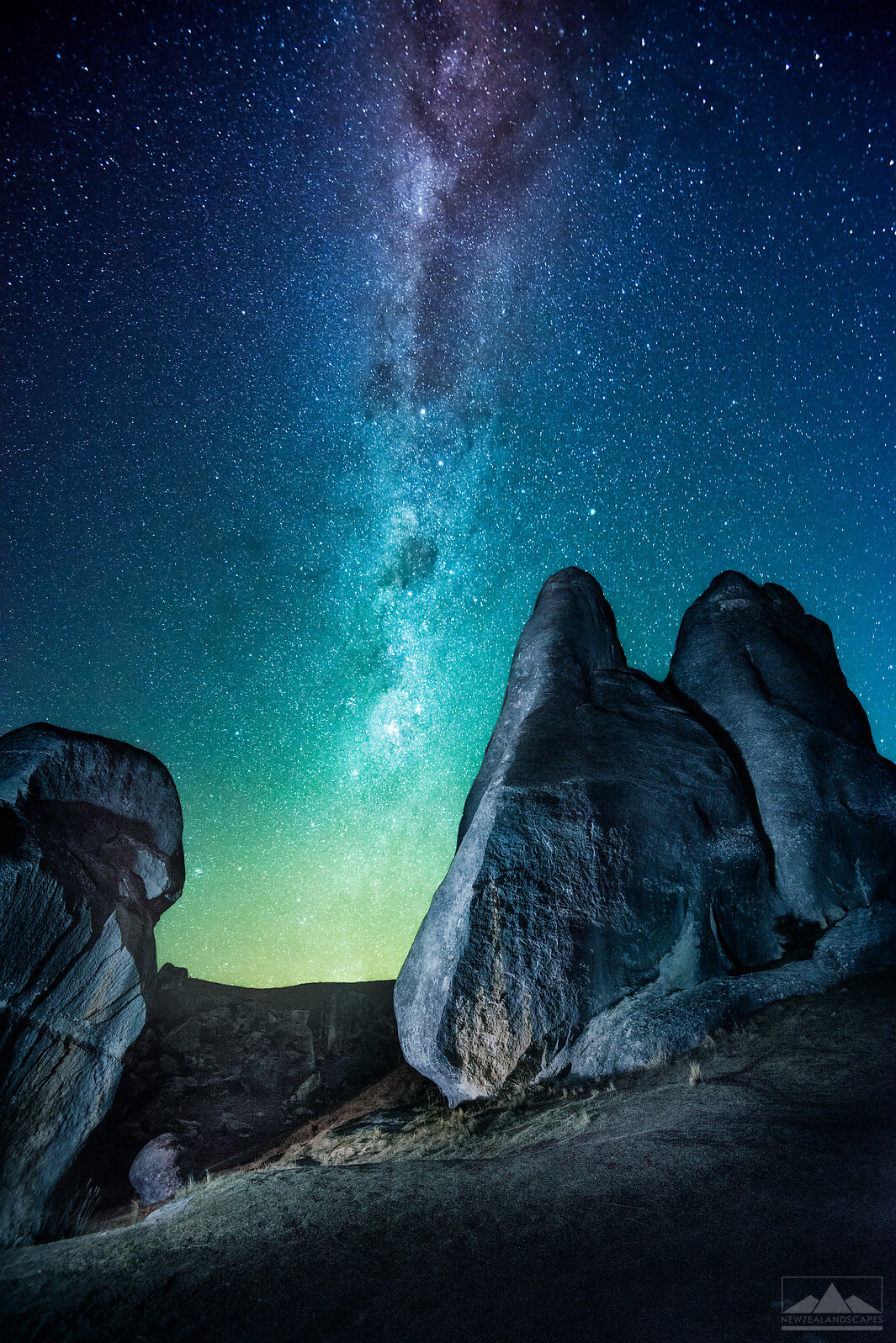 Milky Way sky above huge rocks at Castle Hill