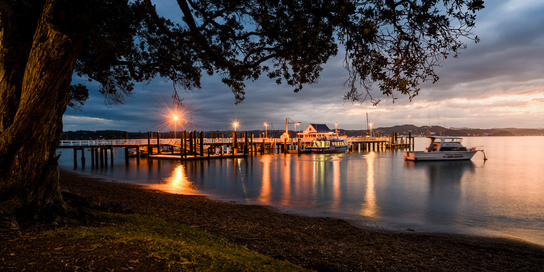 Panoramic night photo of the lights on the Russell Wharf in Northland. The photo is framed by a large tree and has boats on the sea.