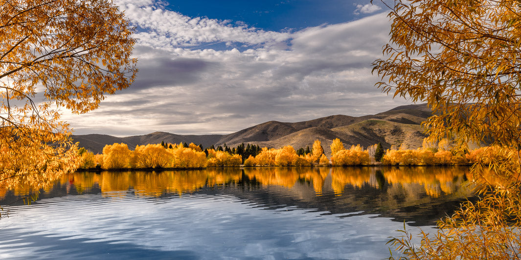 Landscape photo of a lake and golden autumn coloured trees reflected. The photo is framed by the trees , hills and clouds.